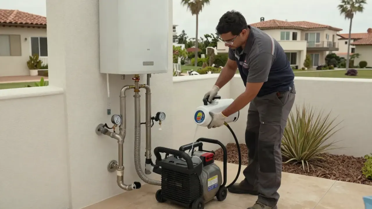 Tankless Flush & Descaling in Newport Beach, California: licensed plumber carefully pouring a specialized descaling solution