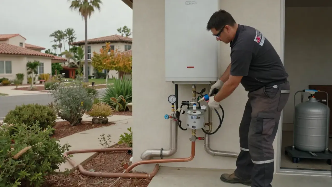 Gas Line Upgrades for Tankless Heaters in Newport Beach, California: licensed plumber cutting and fitting a new section of