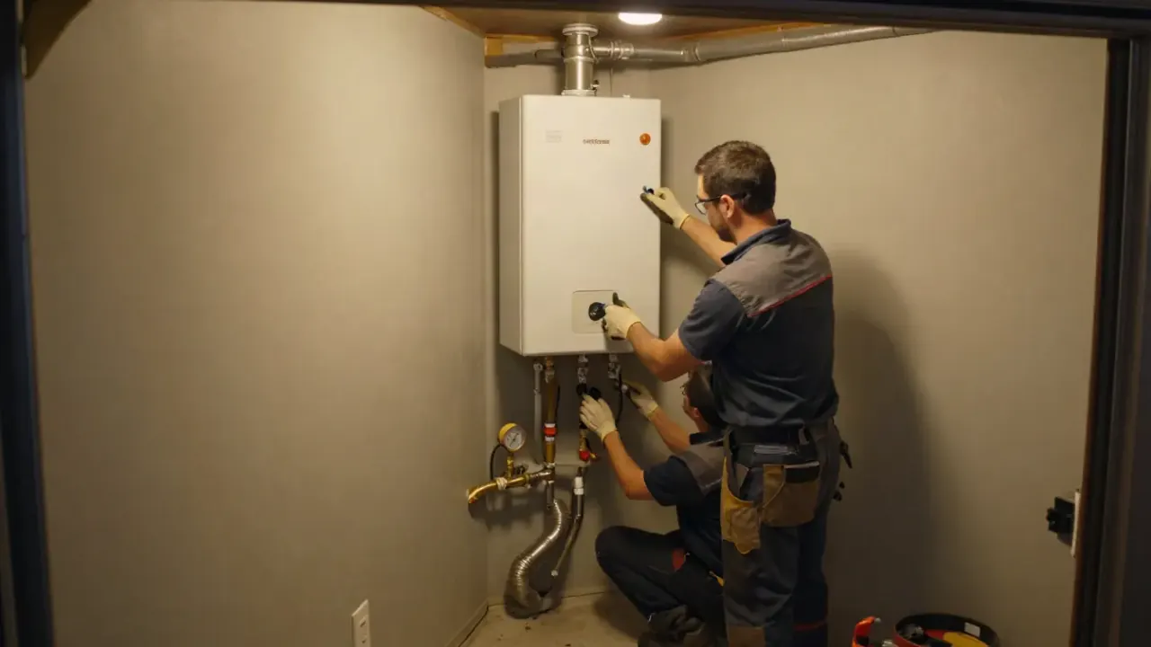 Tankless Water Heater in Newport Beach, California: Two licensed plumbers collaboratively installing a new tankless water