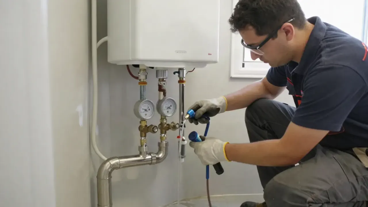 Tankless Water Heater in Newport Beach, California: licensed plumber carefully testing water flow at a fixture inside a
