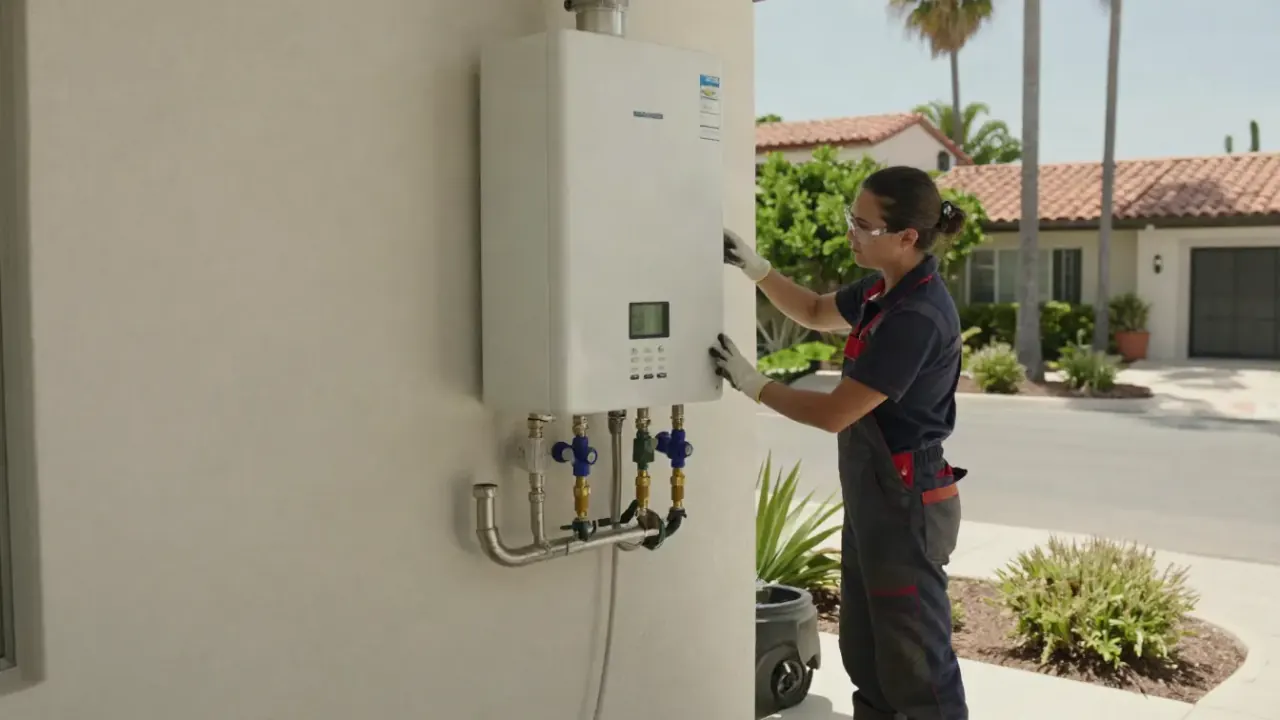 Tankless Water Heater in Newport Beach, California: detailed shot of the digital display on a tankless water heater showing
