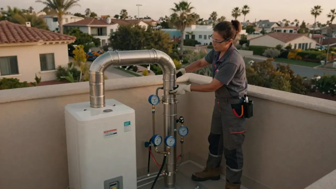 Tankless Venting & Condensate Drain Installation in Newport Beach, California: licensed plumber attaching the final section