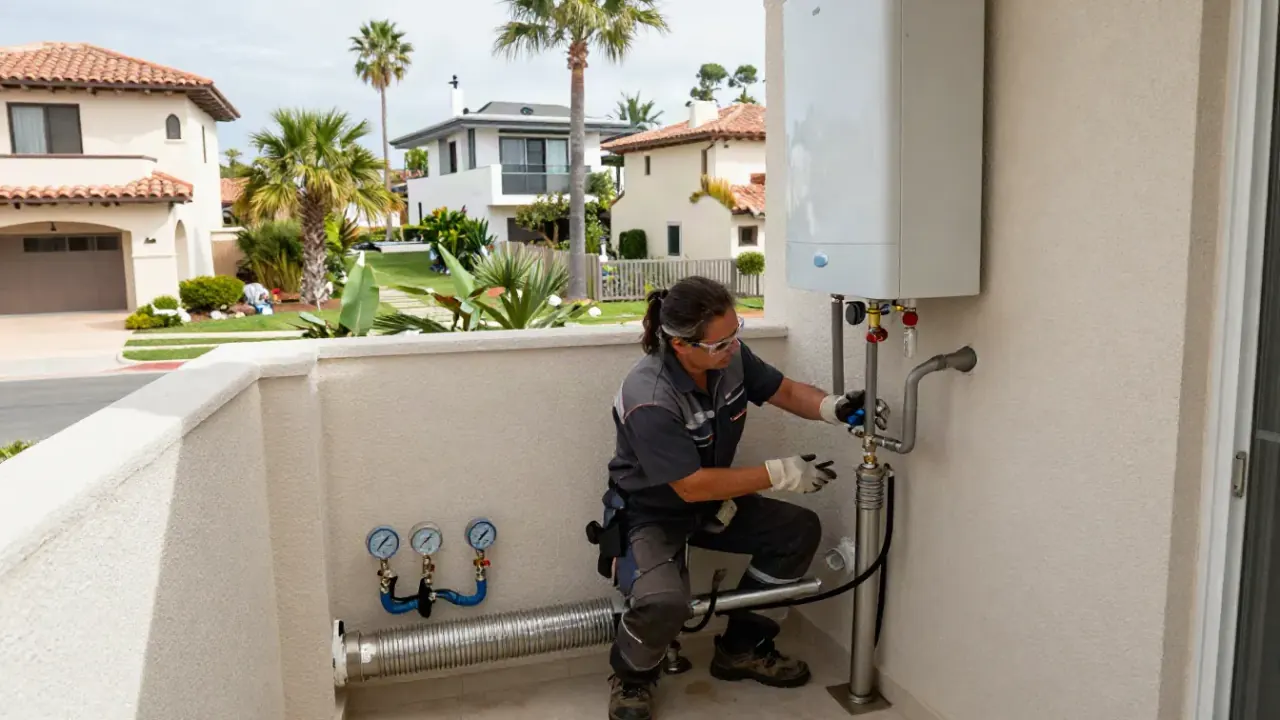 Tank-to-Tankless Conversion in Newport Beach, California: licensed plumber rerouting and adapting existing gas lines to a