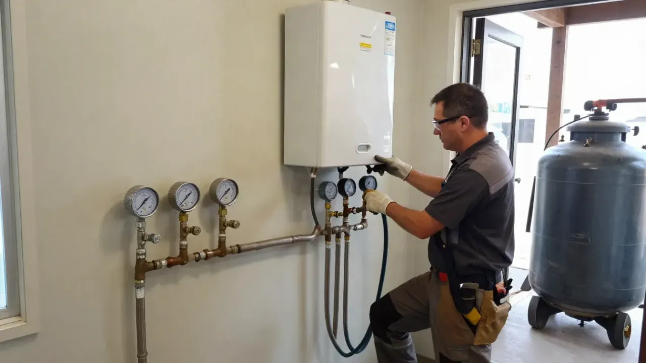 Tankless Error Code Troubleshooting in Newport Beach, California: licensed plumber checking the gas pressure at the manifold
