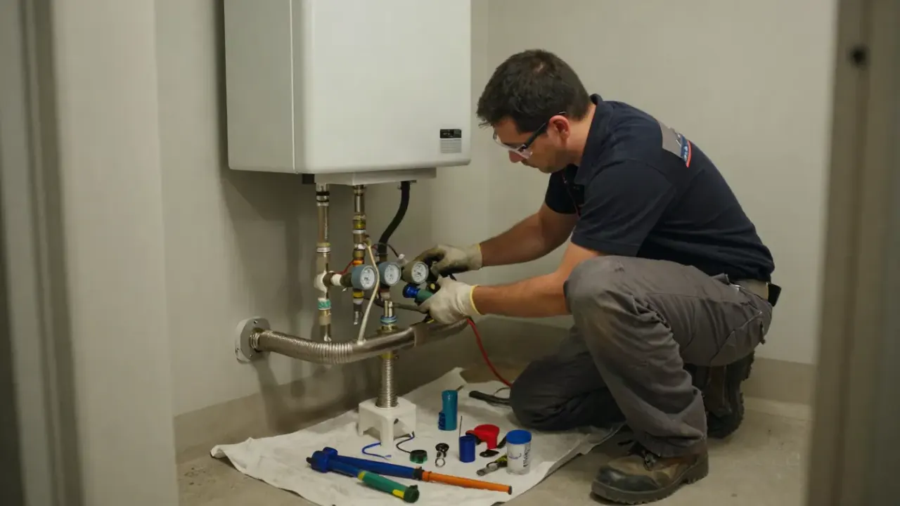 Tankless Water Heater Repair in Newport Beach, California: licensed plumber carefully replacing a flow sensor inside a