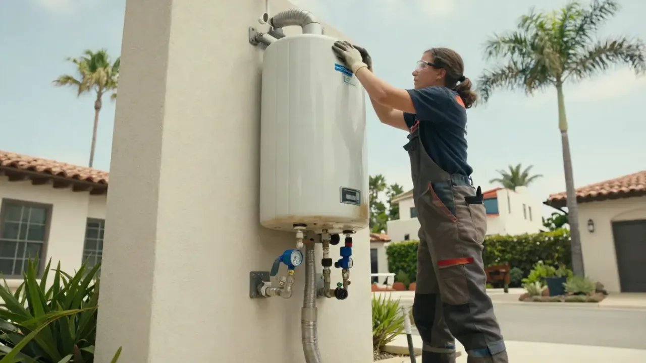 Tankless Water Heater Replacement in Newport Beach, California: licensed plumber carefully unmounting a visibly aged